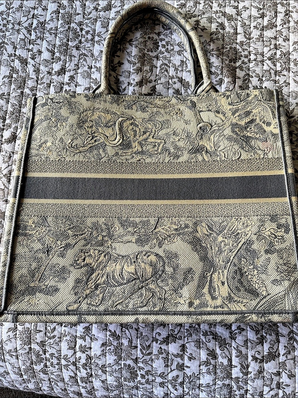 Christian Dior Book Tote Toile de Jouy Embroidered Tote in Gray & Beige